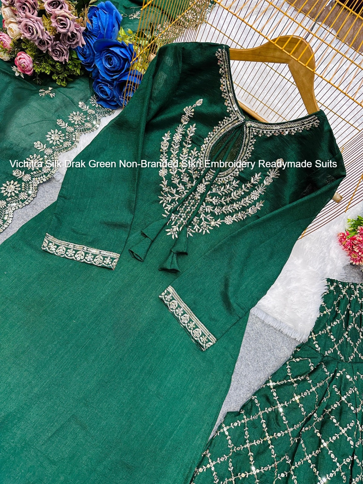 Vichitra Silk Drak Green Non-Branded Stkri Embroidery Readymade Suits