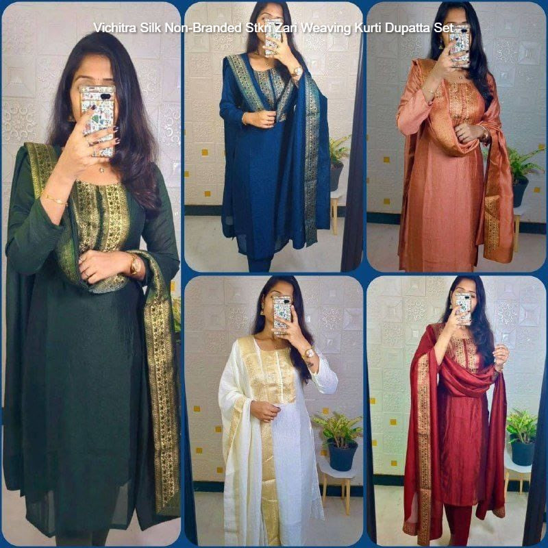 Vichitra Silk Non-Branded Stkri Zari Weaving Kurti Dupatta Set