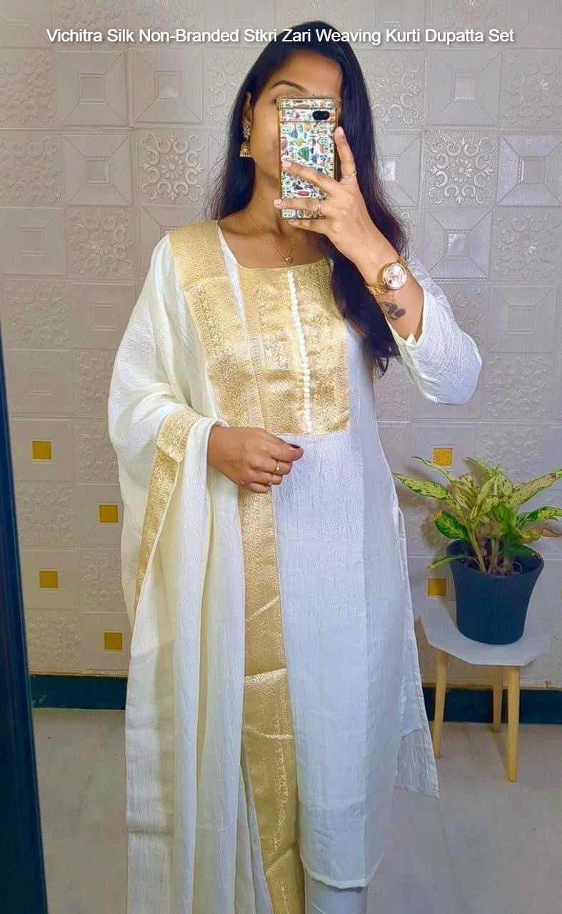 Vichitra Silk Non-Branded Stkri Zari Weaving Kurti Dupatta Set