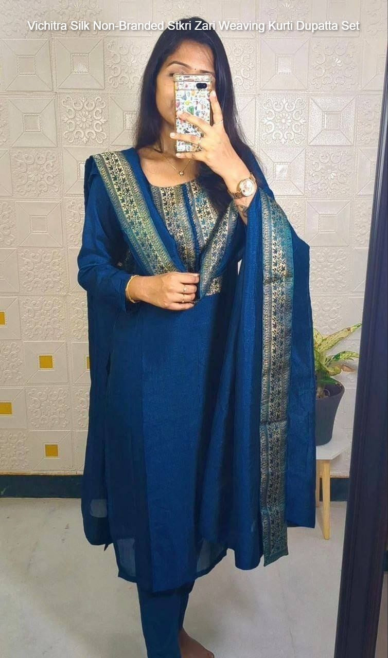 Vichitra Silk Non-Branded Stkri Zari Weaving Kurti Dupatta Set