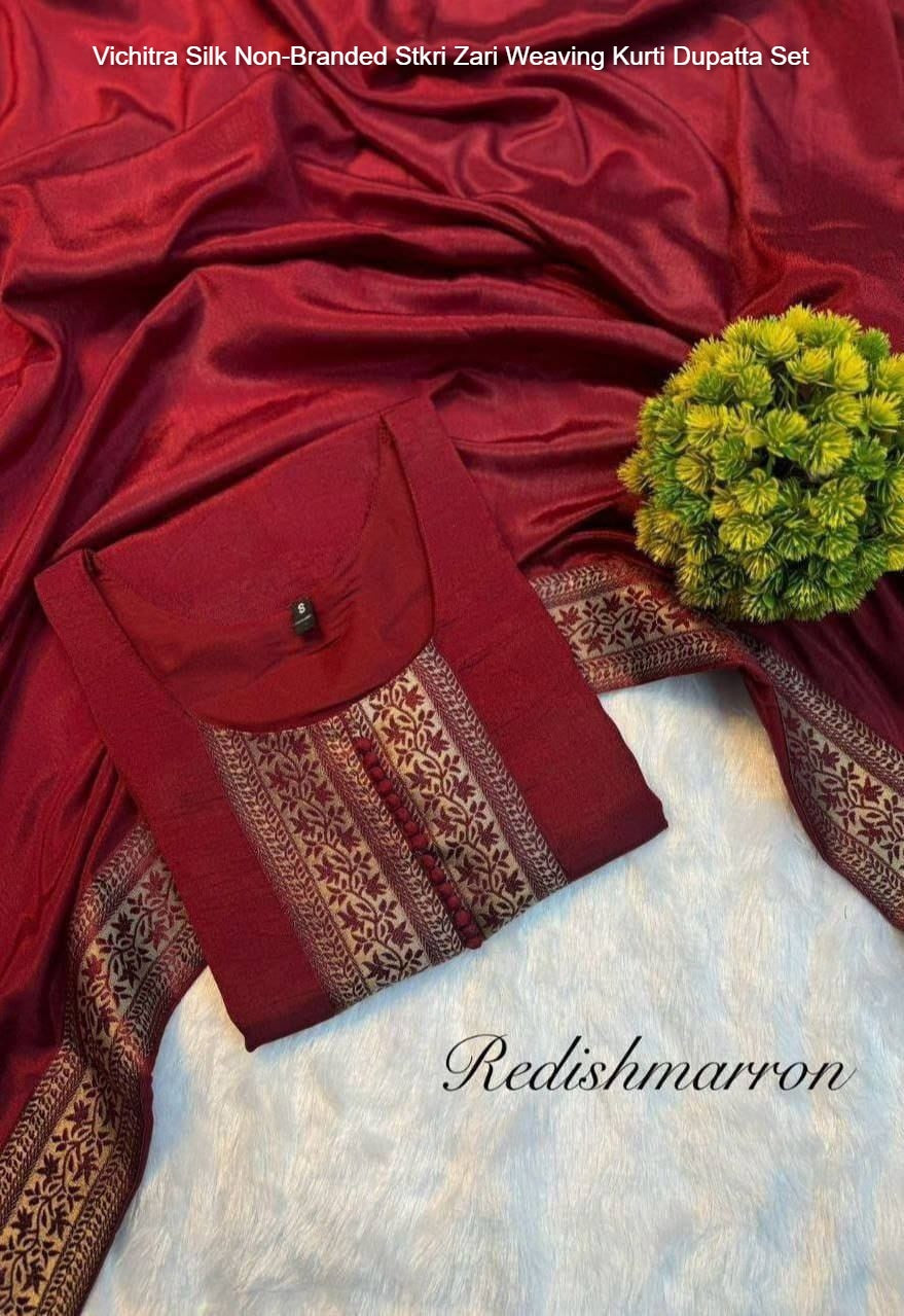 Vichitra Silk Non-Branded Stkri Zari Weaving Kurti Dupatta Set