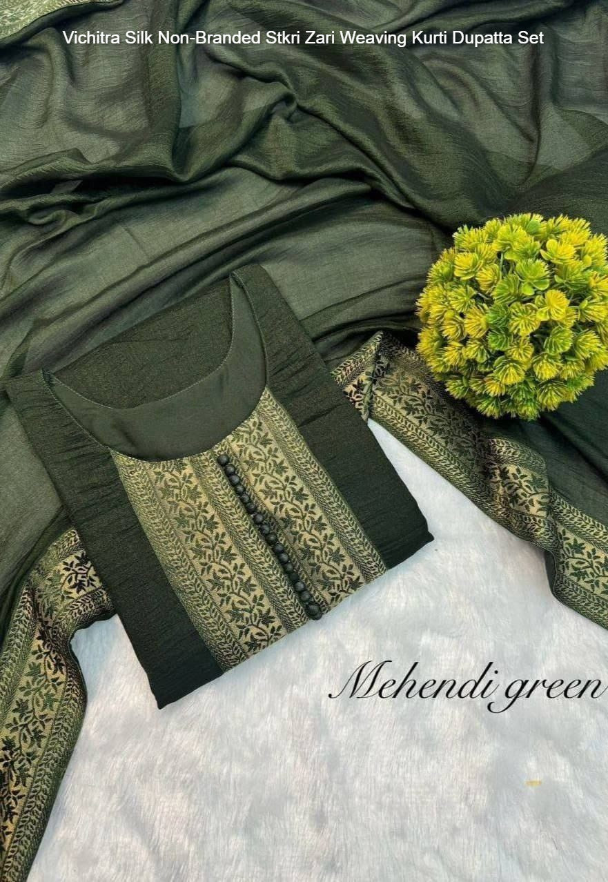 Vichitra Silk Non-Branded Stkri Zari Weaving Kurti Dupatta Set