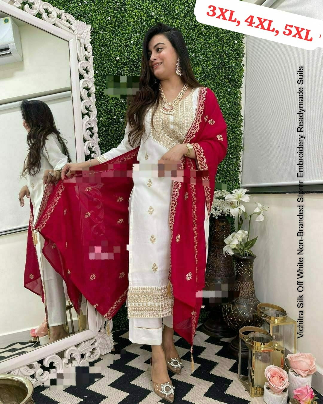 Vichitra Silk Off White Non-Branded Stpmr Embroidery Readymade Suits