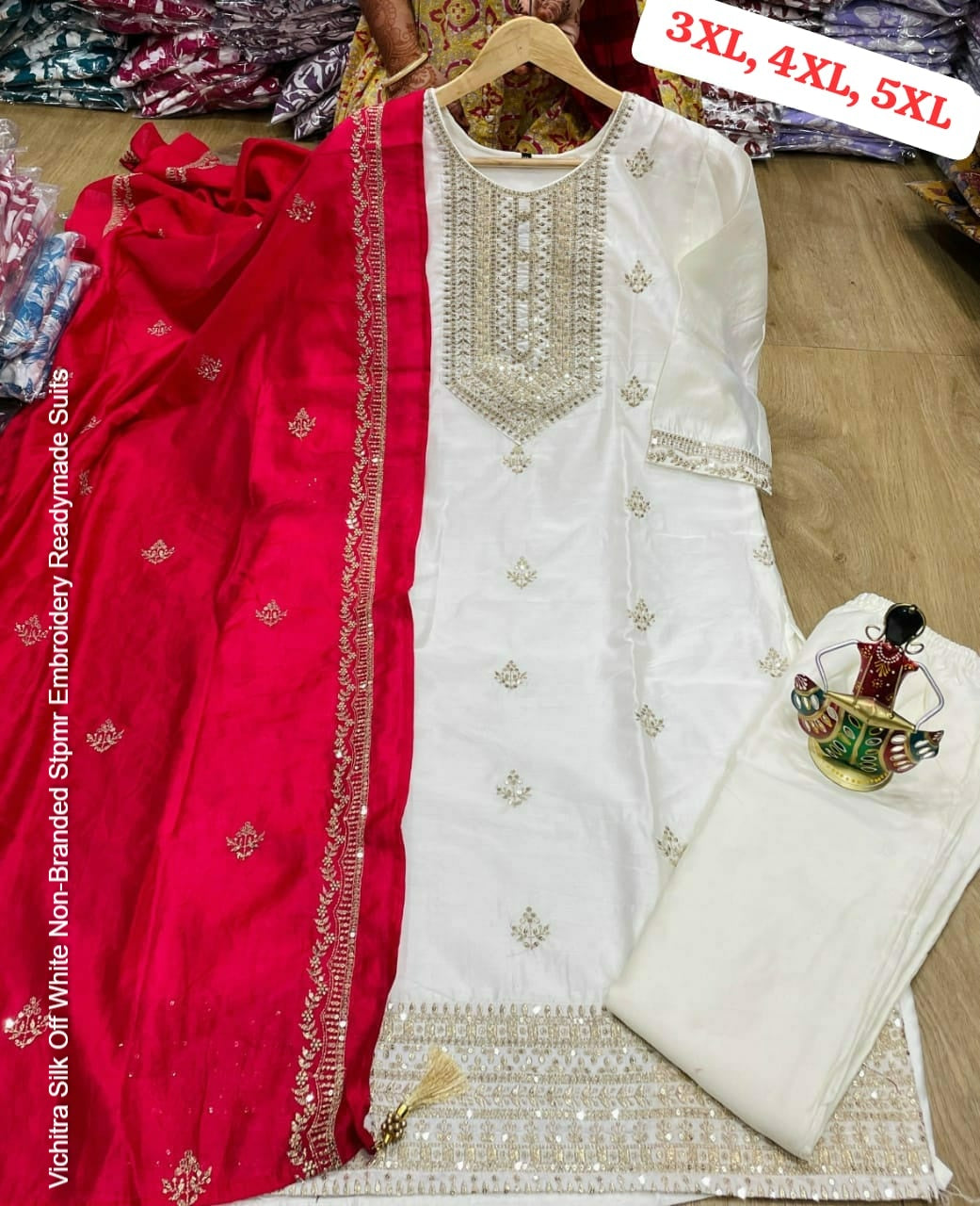Vichitra Silk Off White Non-Branded Stpmr Embroidery Readymade Suits