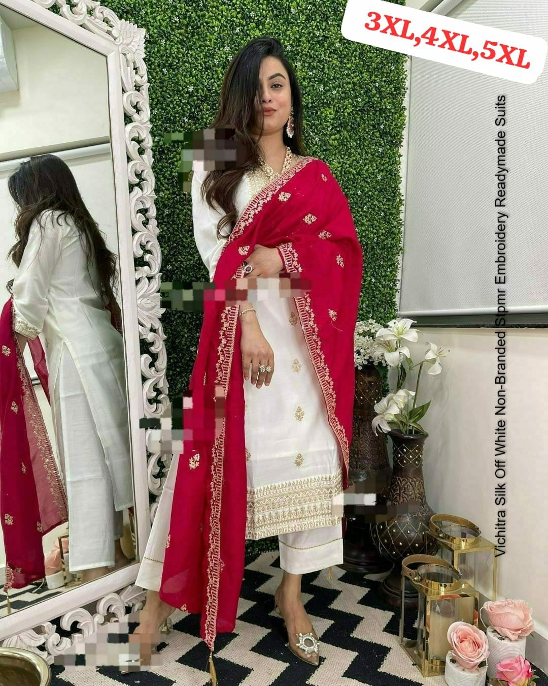 Vichitra Silk Off White Non-Branded Stpmr Embroidery Readymade Suits