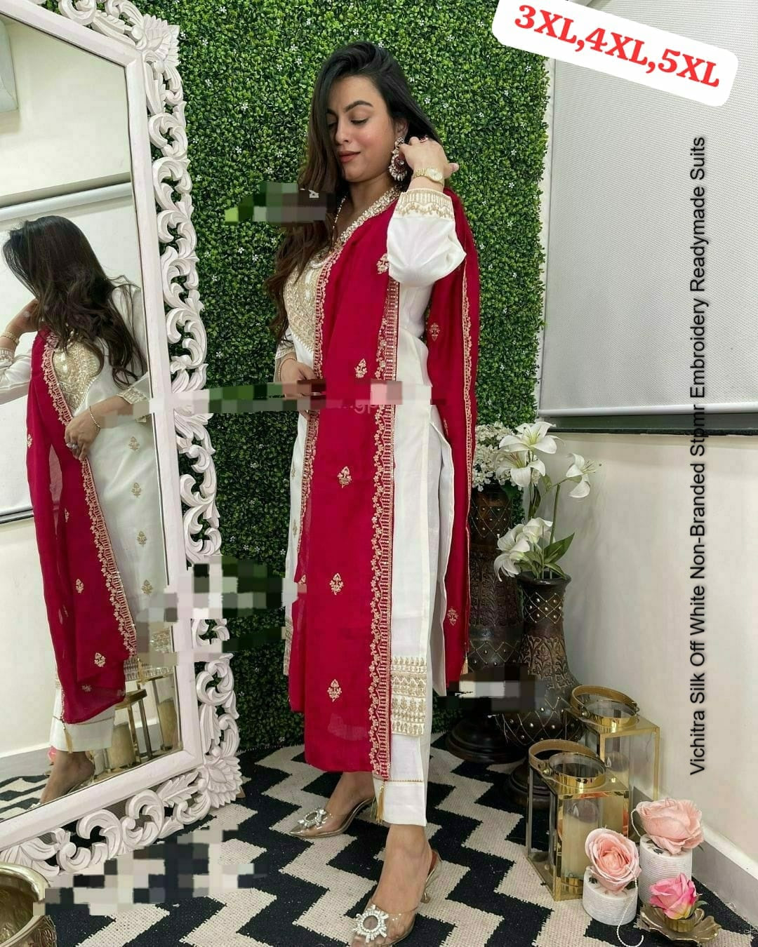 Vichitra Silk Off White Non-Branded Stpmr Embroidery Readymade Suits