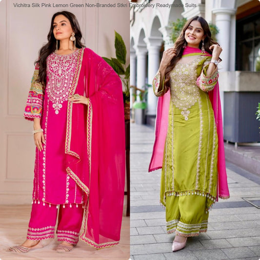 Vichitra Silk Pink Lemon Green Non-Branded Stkri Embroidery Readymade Suits