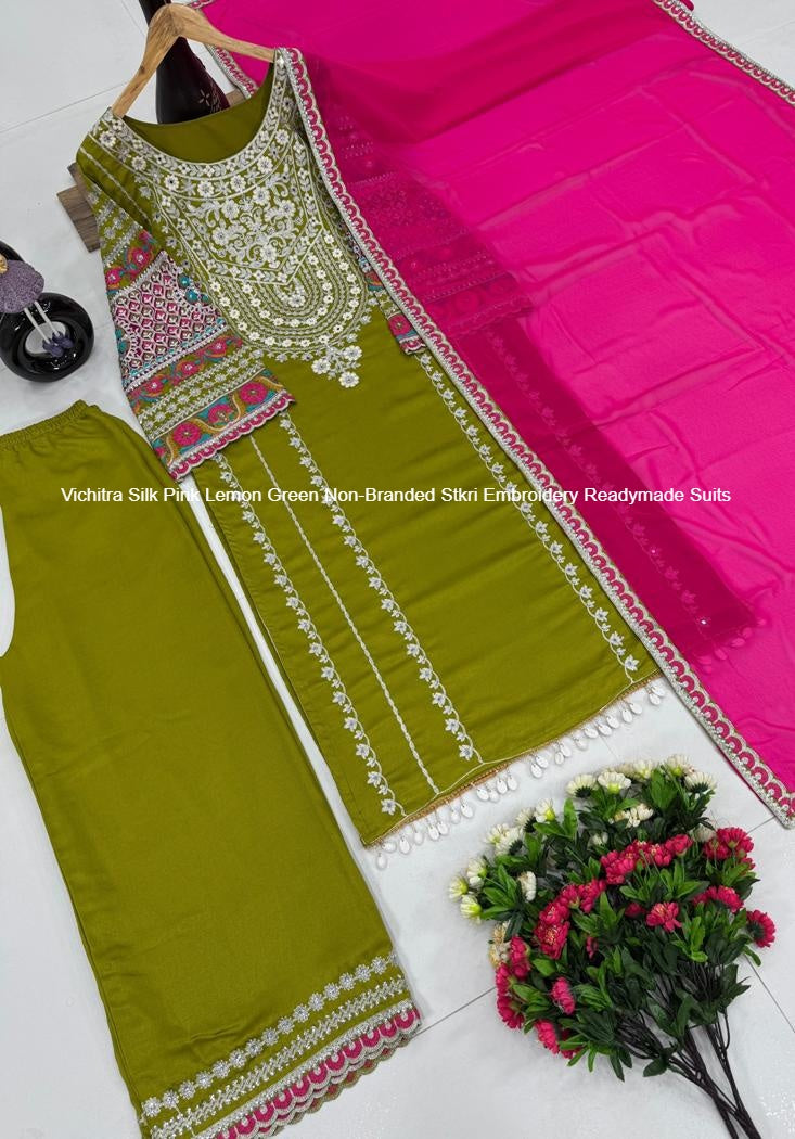 Vichitra Silk Pink Lemon Green Non-Branded Stkri Embroidery Readymade Suits