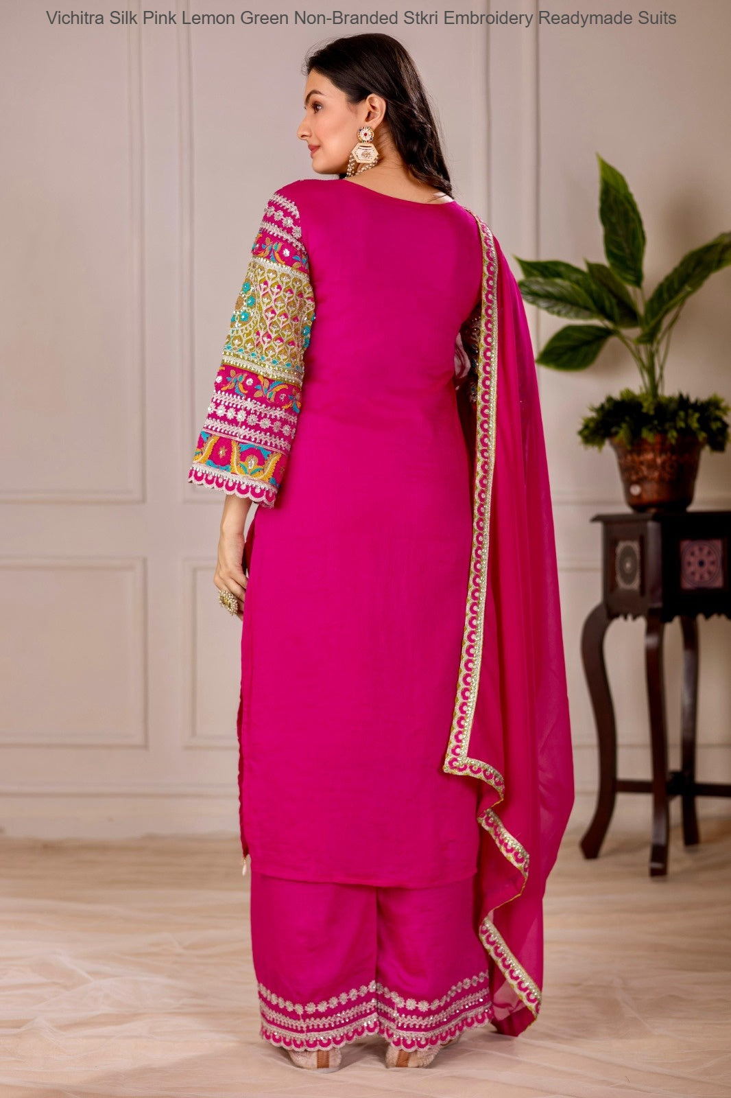 Vichitra Silk Pink Lemon Green Non-Branded Stkri Embroidery Readymade Suits