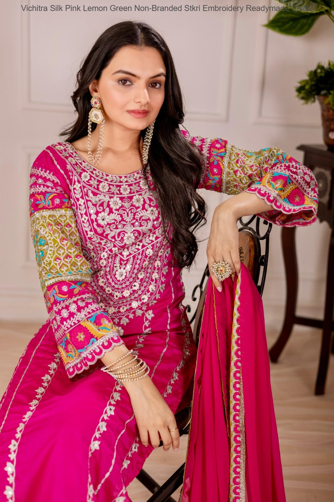 Vichitra Silk Pink Lemon Green Non-Branded Stkri Embroidery Readymade Suits