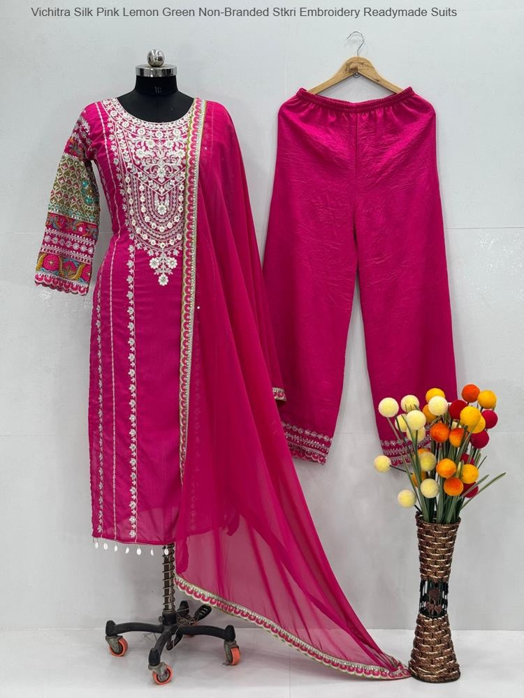 Vichitra Silk Pink Lemon Green Non-Branded Stkri Embroidery Readymade Suits