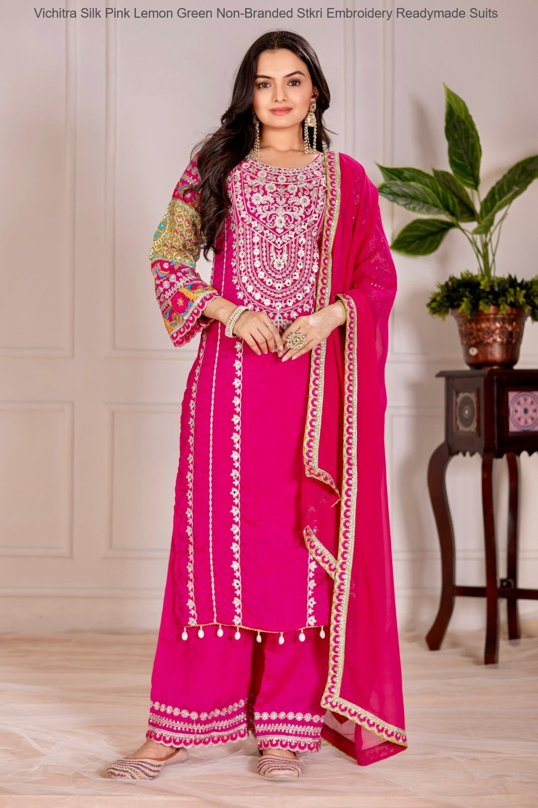 Vichitra Silk Pink Lemon Green Non-Branded Stkri Embroidery Readymade Suits