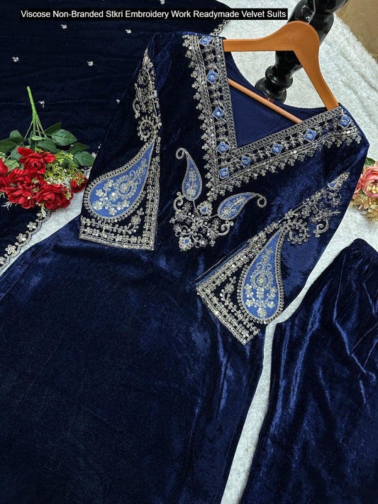 Viscose Non-Branded Stkri Embroidery Work Readymade Velvet Suits