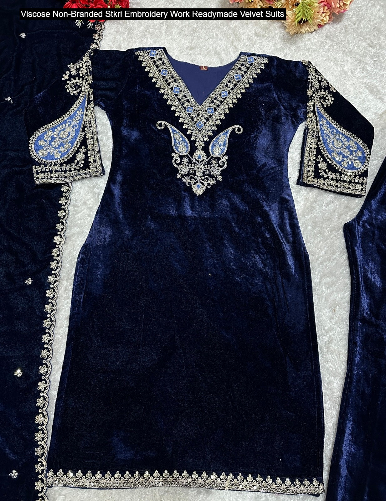Viscose Non-Branded Stkri Embroidery Work Readymade Velvet Suits