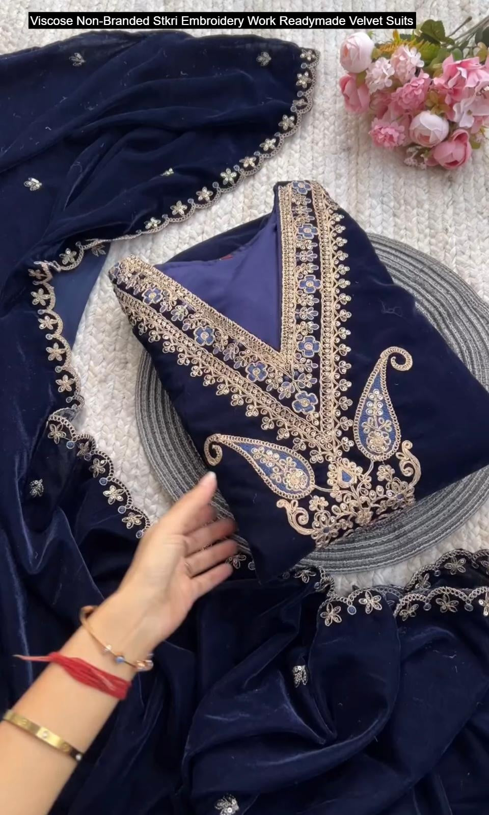 Viscose Non-Branded Stkri Embroidery Work Readymade Velvet Suits