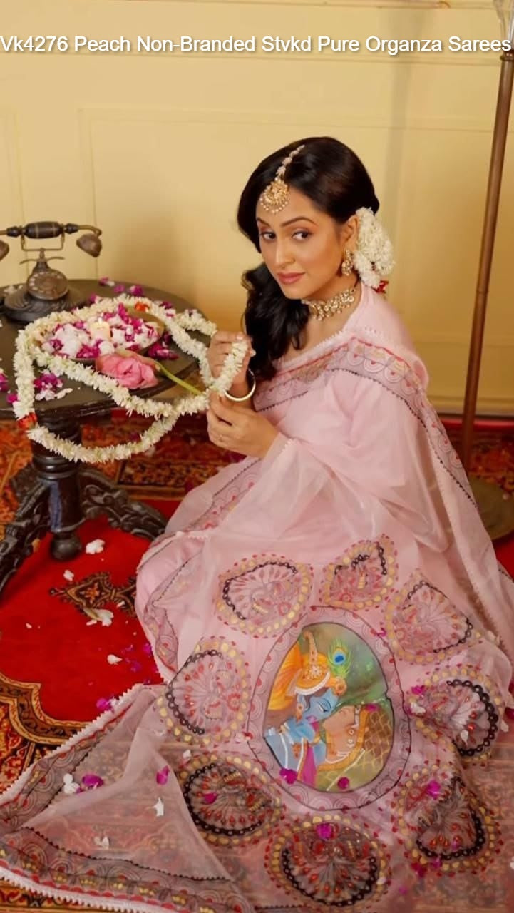 Vk4276 Peach Non-Branded Stvkd Pure Organza Sarees