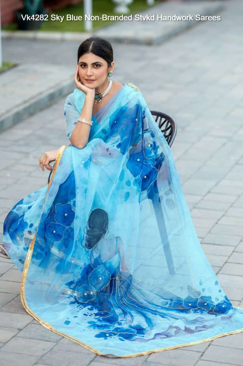 Vk4282 Sky Blue Non-Branded Stvkd Handwork Sarees