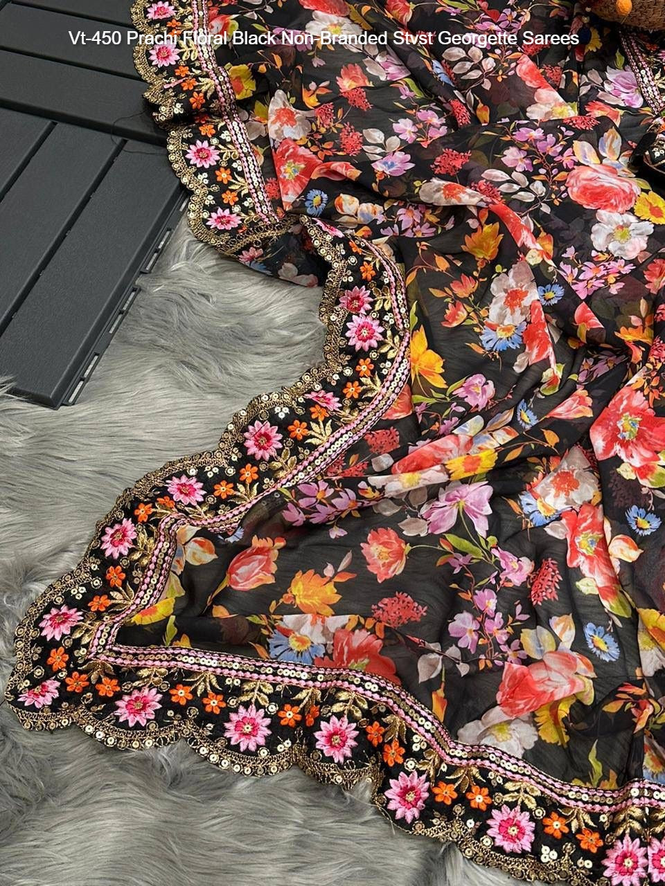 Vt-450 Prachi Floral Black Non-Branded Stvst Georgette Sarees