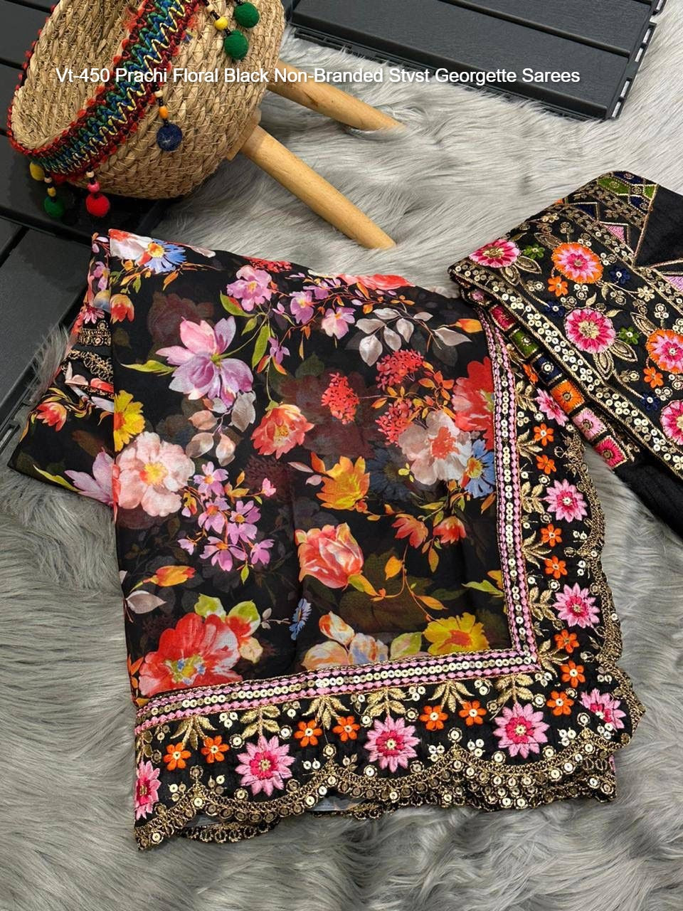 Vt-450 Prachi Floral Black Non-Branded Stvst Georgette Sarees