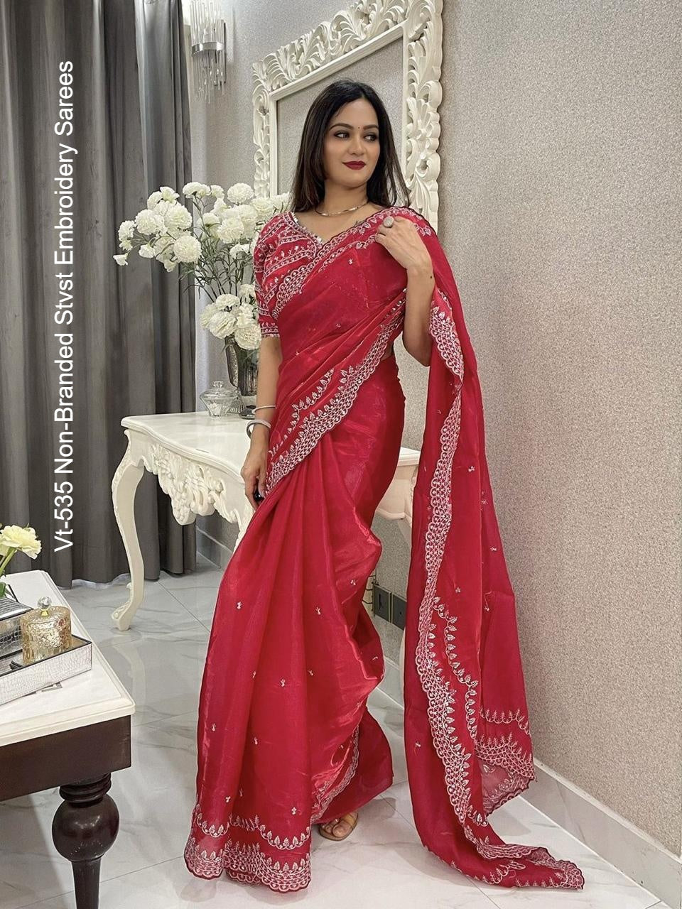 Vt-535 Non-Branded Stvst Embroidery Sarees