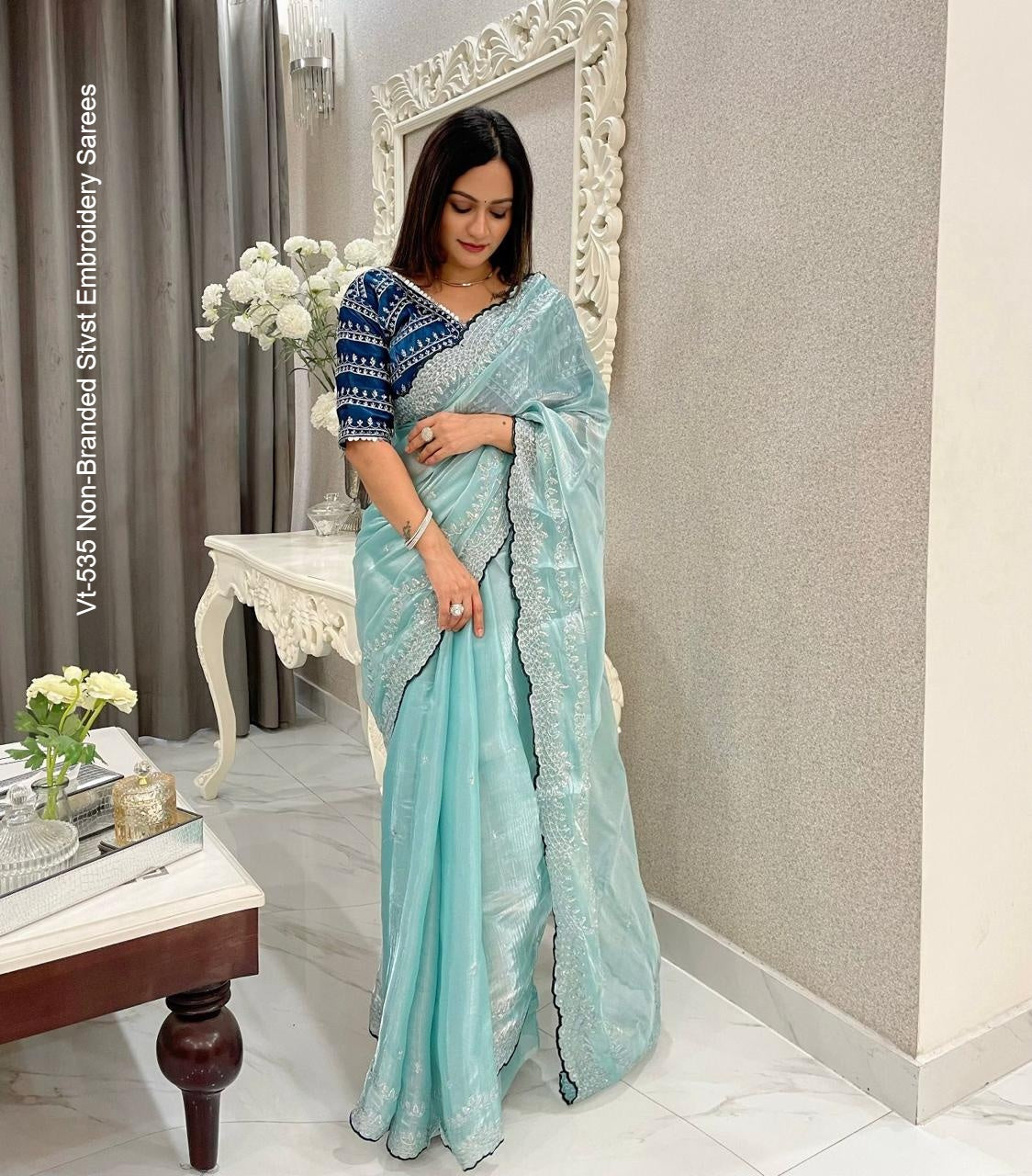 Vt-535 Non-Branded Stvst Embroidery Sarees