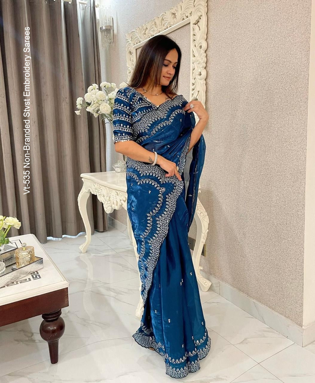 Vt-535 Non-Branded Stvst Embroidery Sarees
