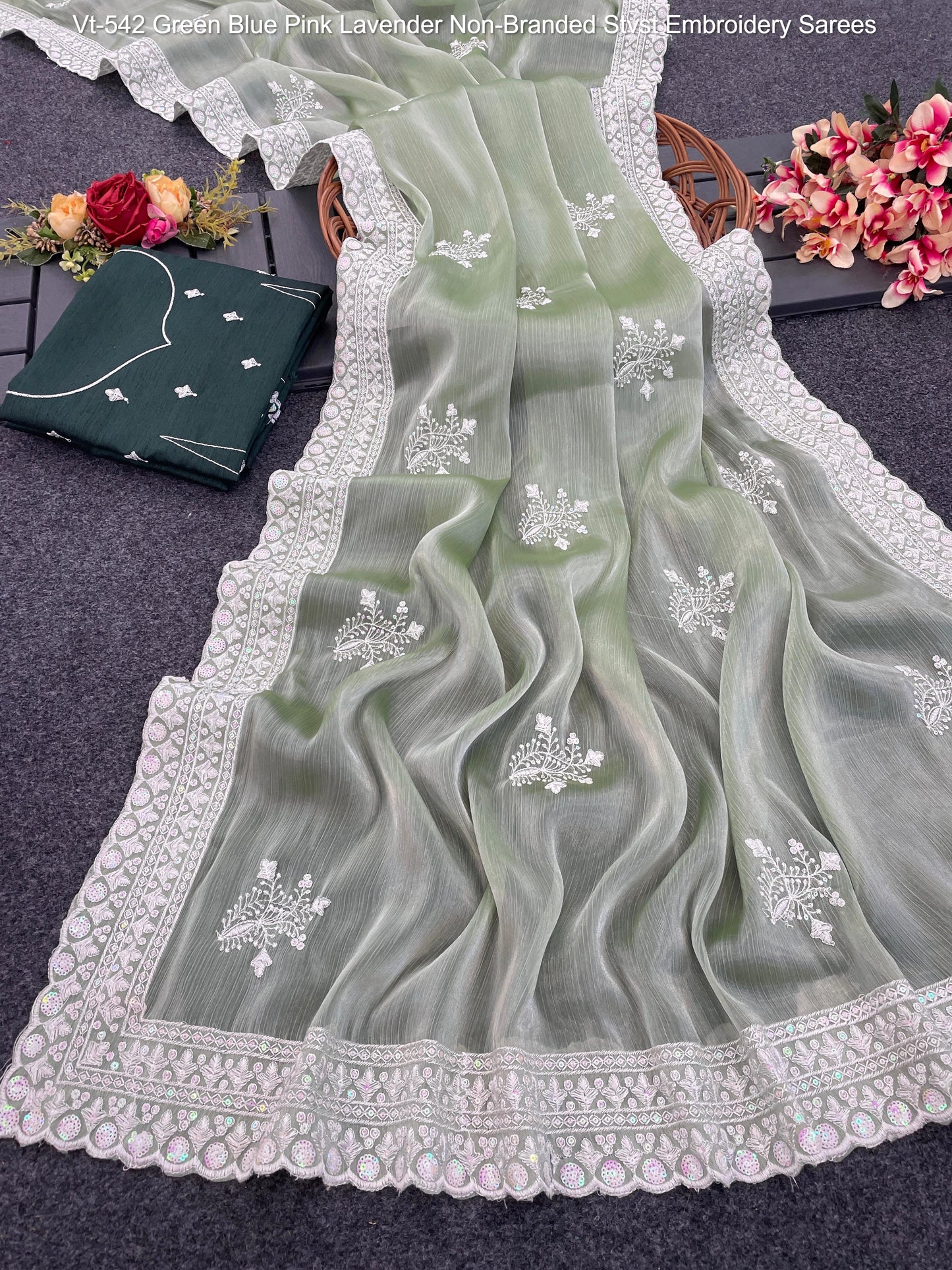 Vt-542 Green Blue Pink Lavender Non-Branded Stvst Embroidery Sarees