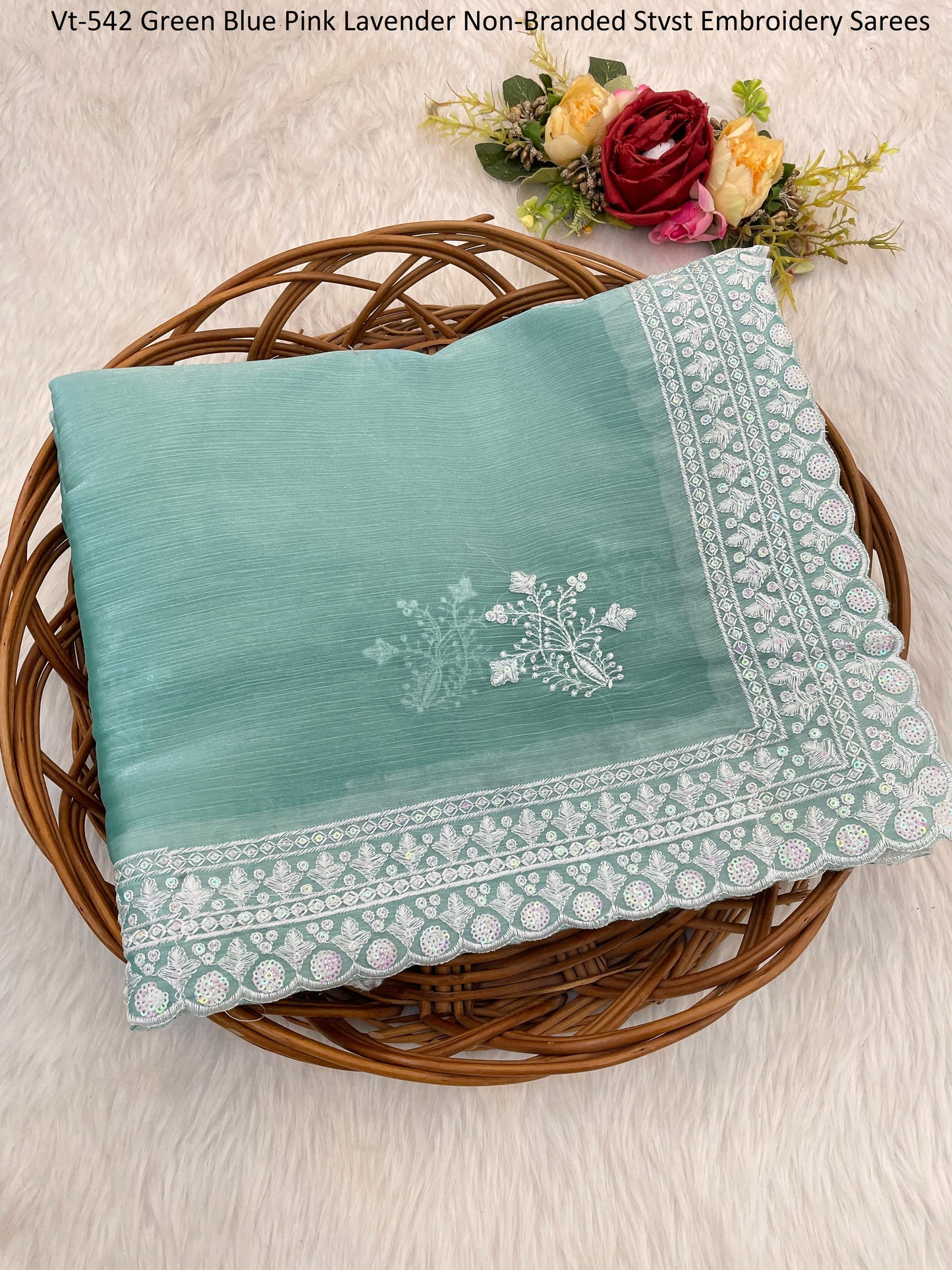 Vt-542 Green Blue Pink Lavender Non-Branded Stvst Embroidery Sarees