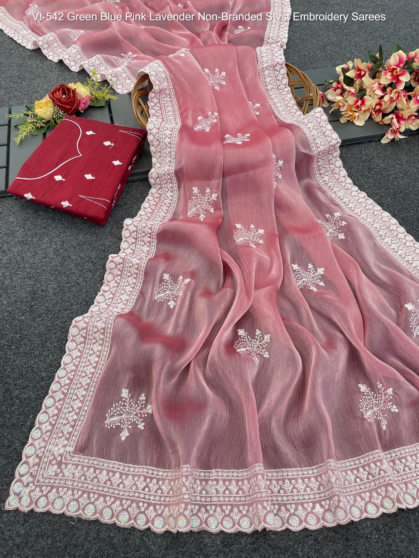 Vt-542 Green Blue Pink Lavender Non-Branded Stvst Embroidery Sarees