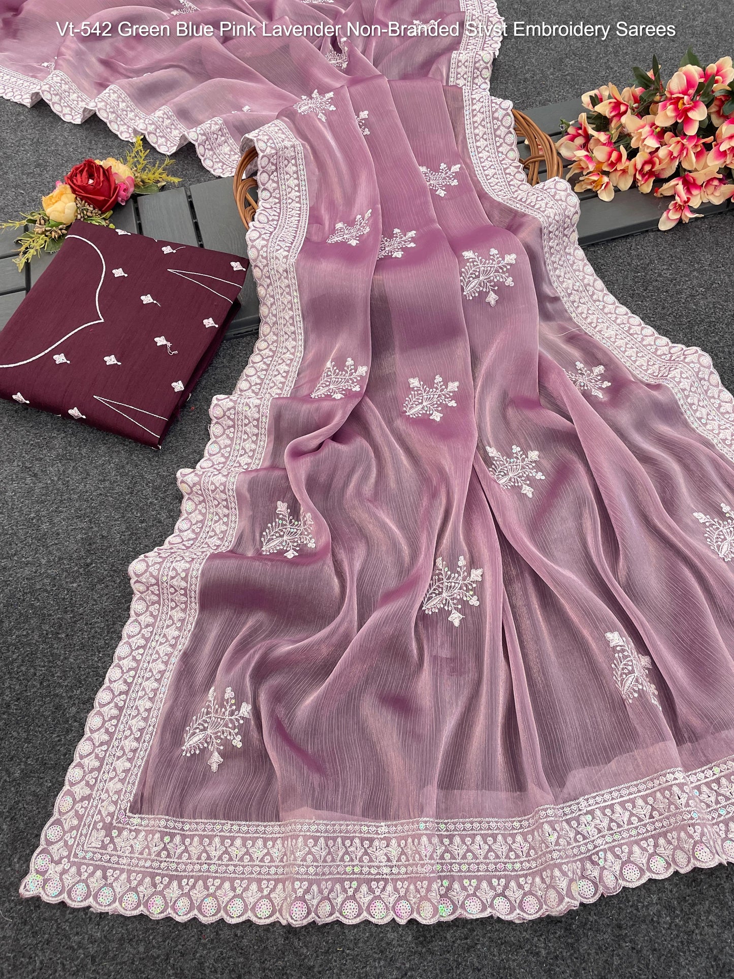 Vt-542 Green Blue Pink Lavender Non-Branded Stvst Embroidery Sarees