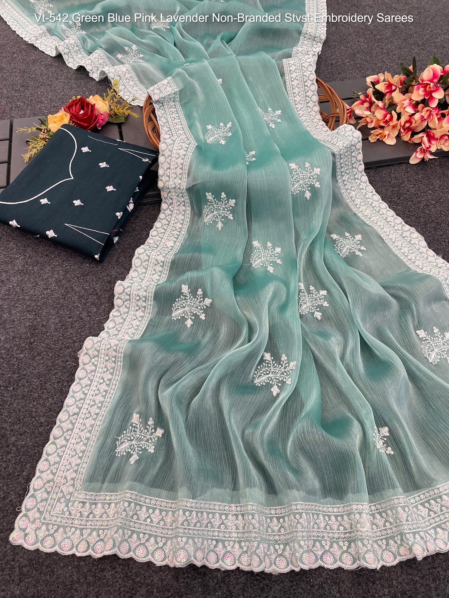 Vt-542 Green Blue Pink Lavender Non-Branded Stvst Embroidery Sarees