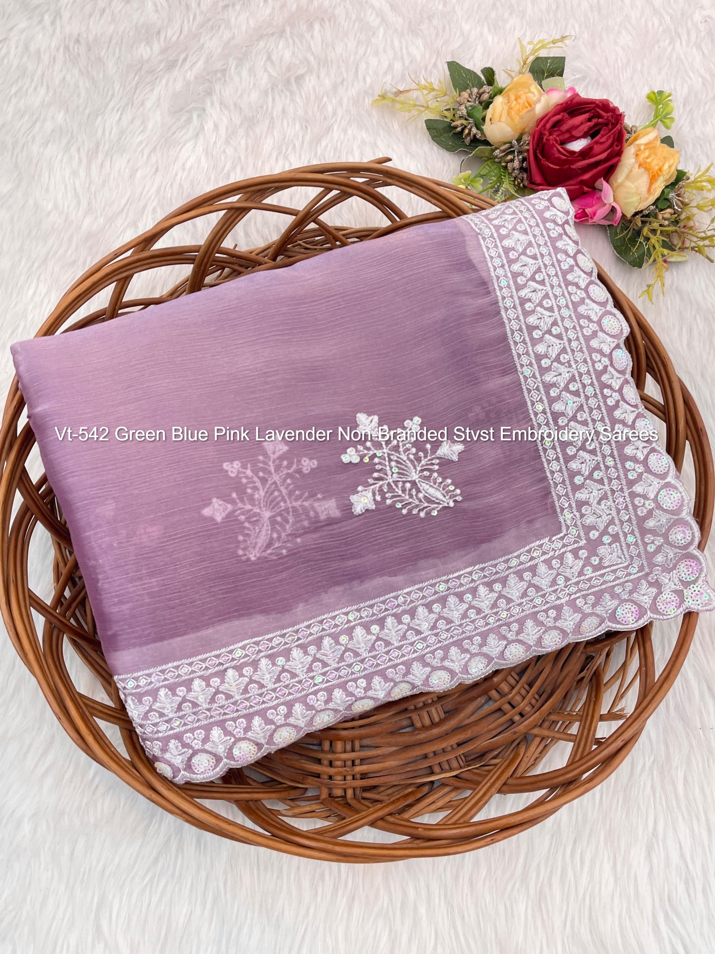 Vt-542 Green Blue Pink Lavender Non-Branded Stvst Embroidery Sarees