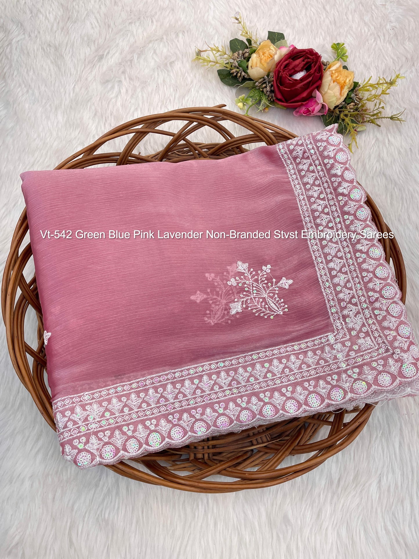 Vt-542 Green Blue Pink Lavender Non-Branded Stvst Embroidery Sarees
