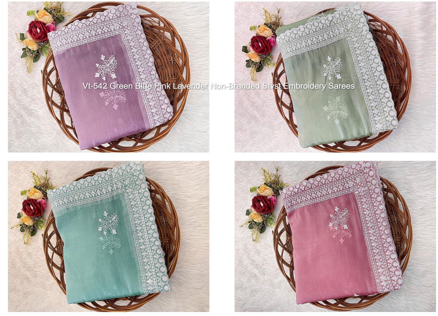 Vt-542 Green Blue Pink Lavender Non-Branded Stvst Embroidery Sarees