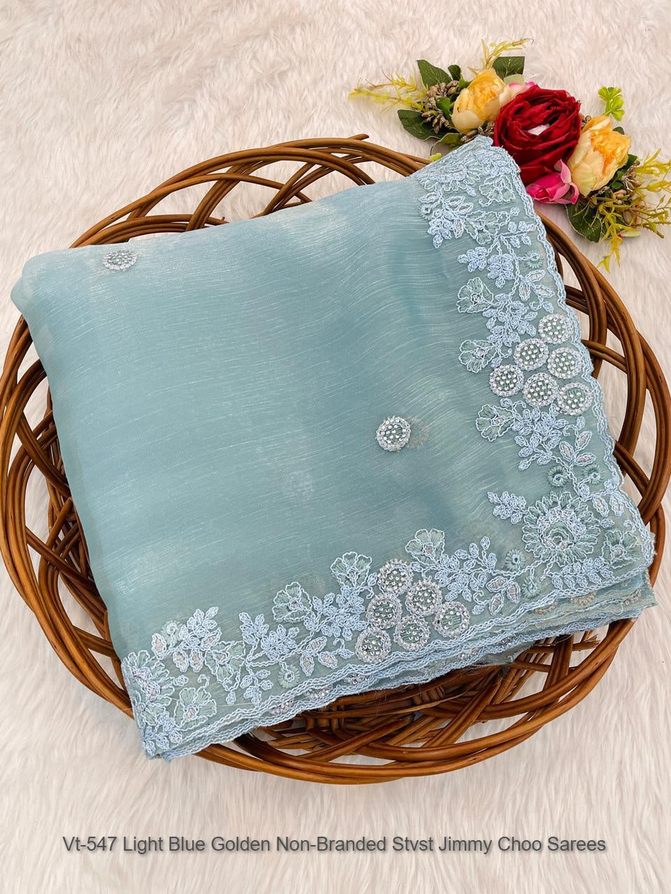 Vt-547 Light Blue Golden Non-Branded Stvst Jimmy Choo Sarees