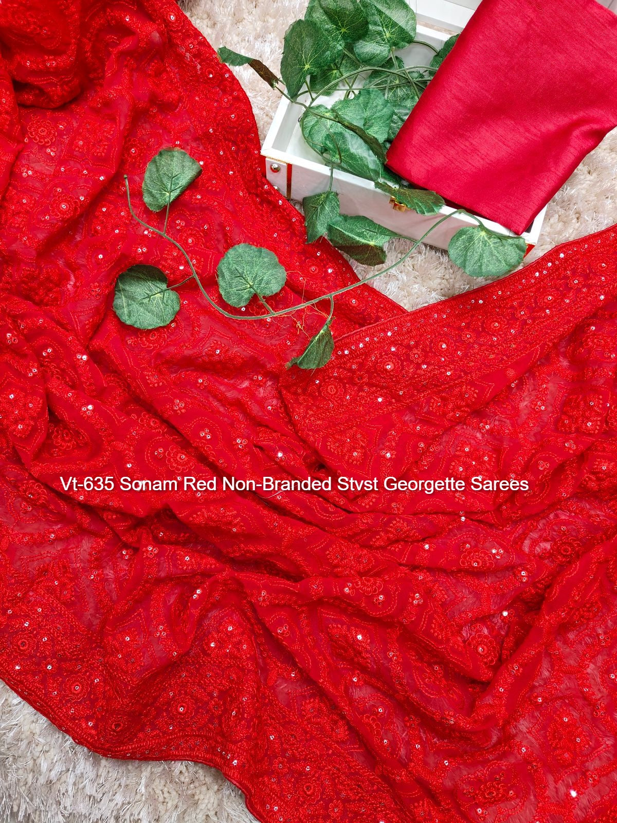 Vt-635 Sonam Red Non-Branded Stvst Georgette Sarees