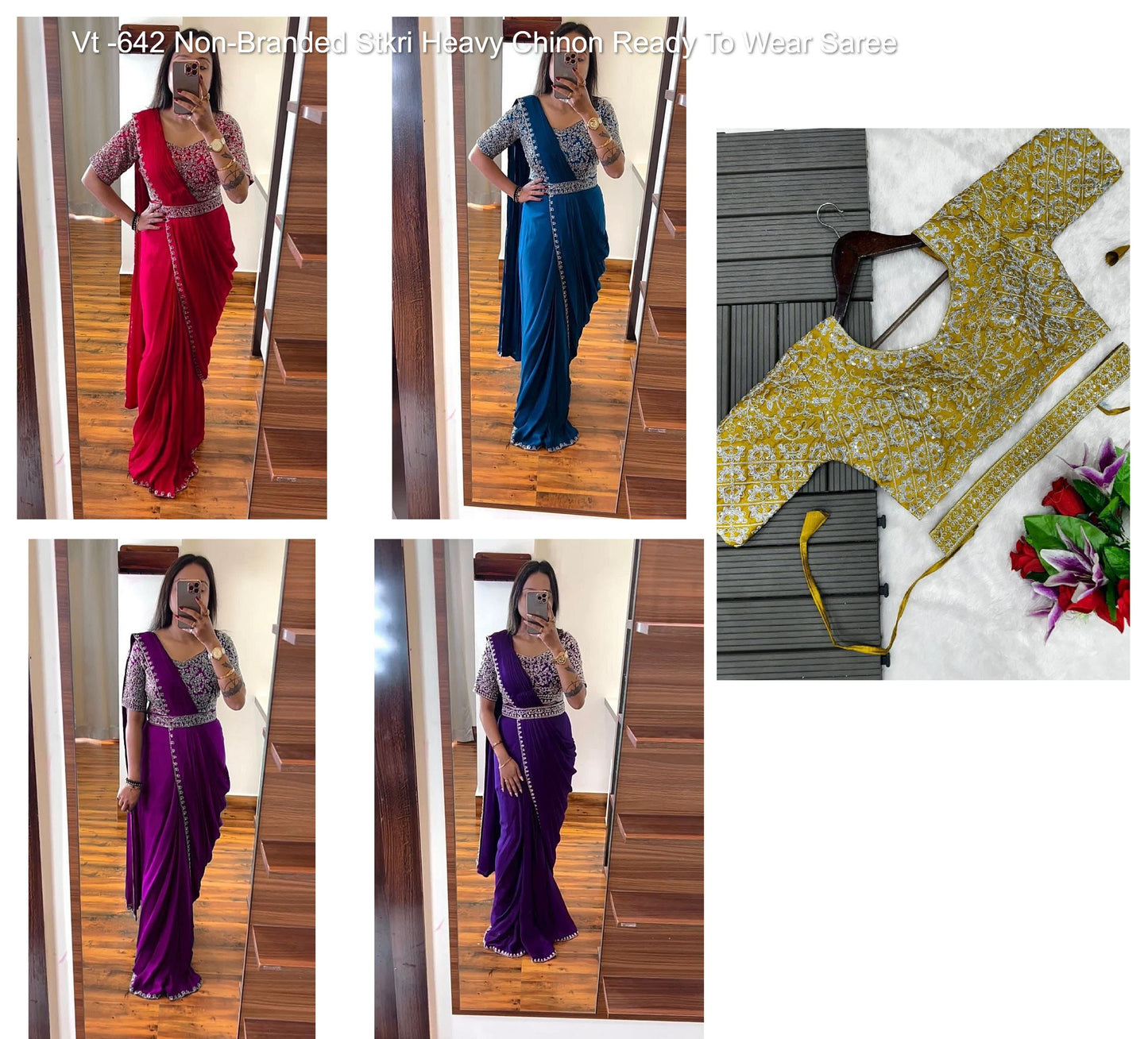 Vt -642 Non-Branded Stkri Heavy Chinon Ready To Wear Saree