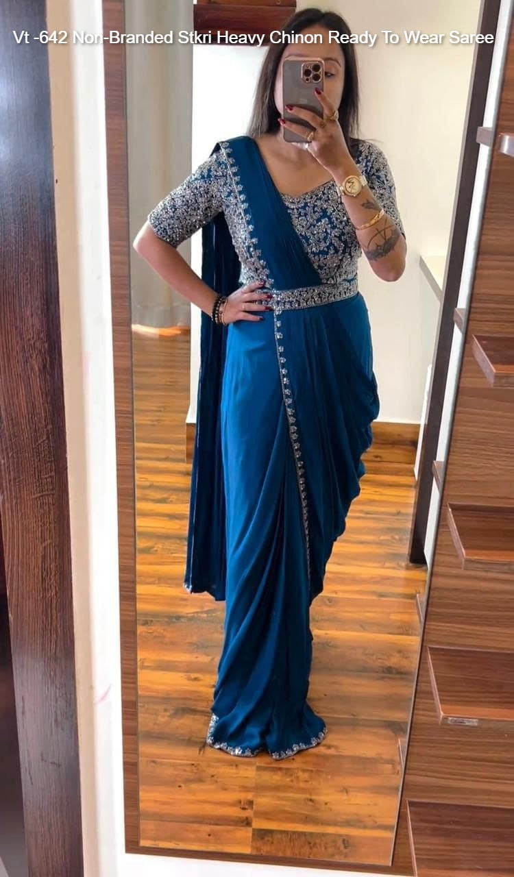 Vt -642 Non-Branded Stkri Heavy Chinon Ready To Wear Saree