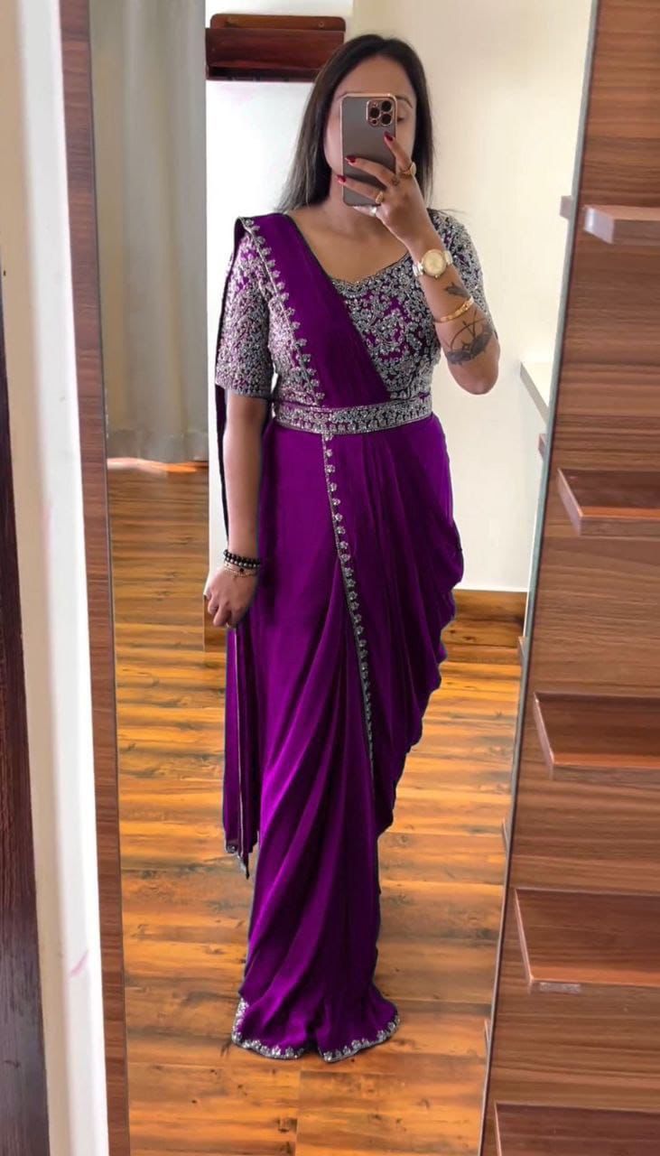 Vt -642 Non-Branded Stkri Heavy Chinon Ready To Wear Saree