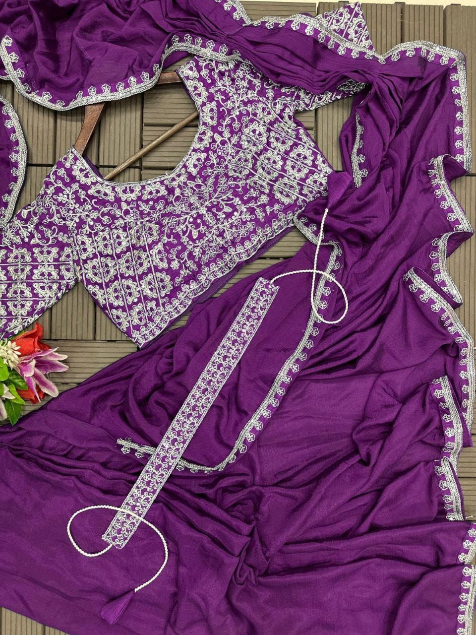 Vt -642 Non-Branded Stkri Heavy Chinon Ready To Wear Saree