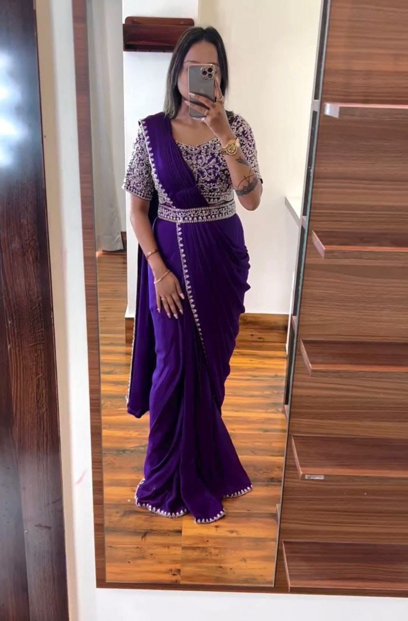 Vt -642 Non-Branded Stkri Heavy Chinon Ready To Wear Saree