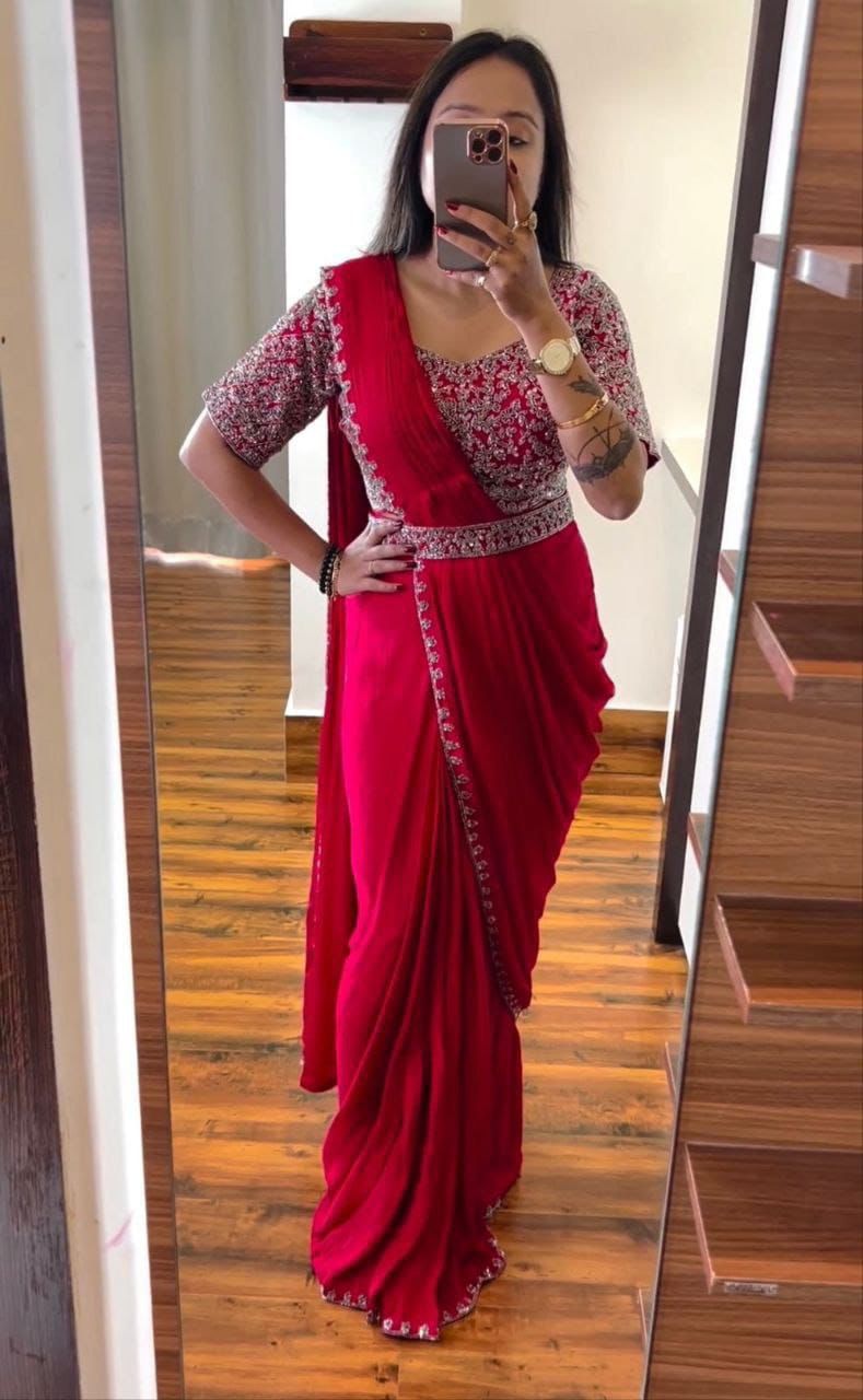Vt -642 Non-Branded Stkri Heavy Chinon Ready To Wear Saree