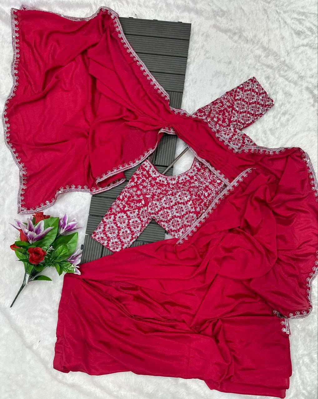 Vt -642 Non-Branded Stkri Heavy Chinon Ready To Wear Saree