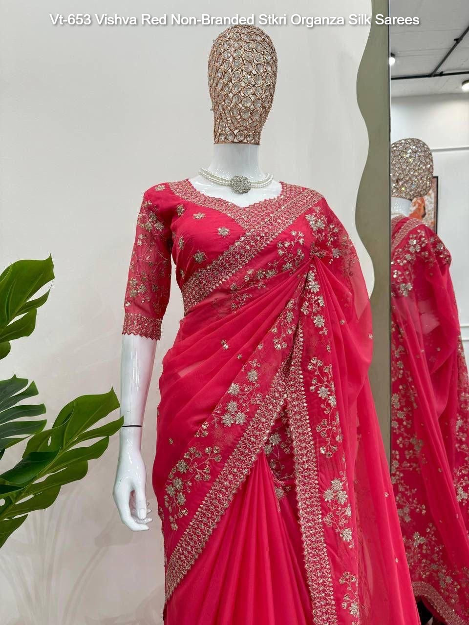 Vt-653 Vishva Red Non-Branded Stkri Organza Silk Sarees