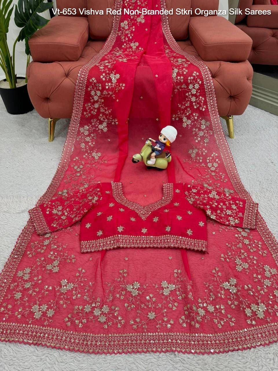 Vt-653 Vishva Red Non-Branded Stkri Organza Silk Sarees