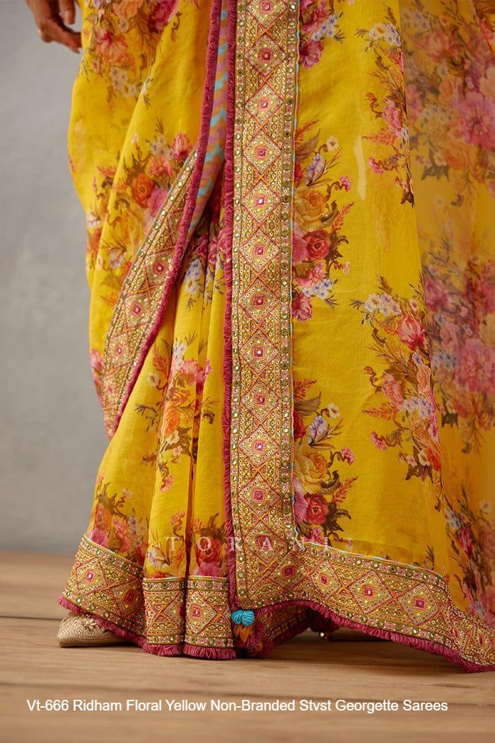 Vt-666 Ridham Floral Yellow Non-Branded Stvst Georgette Sarees
