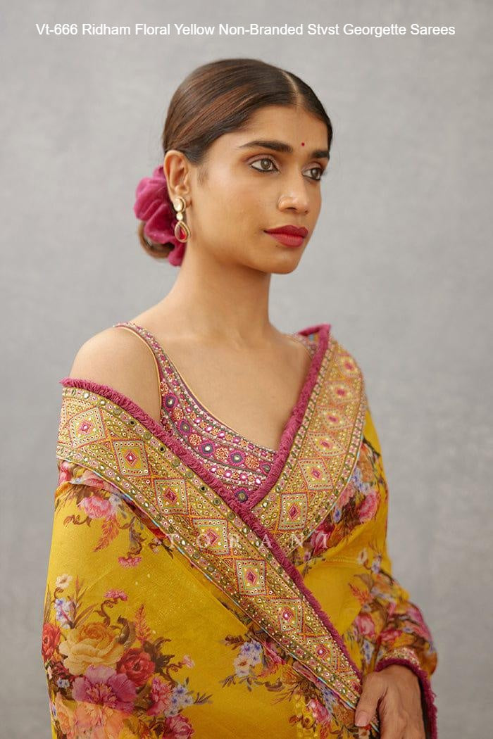 Vt-666 Ridham Floral Yellow Non-Branded Stvst Georgette Sarees