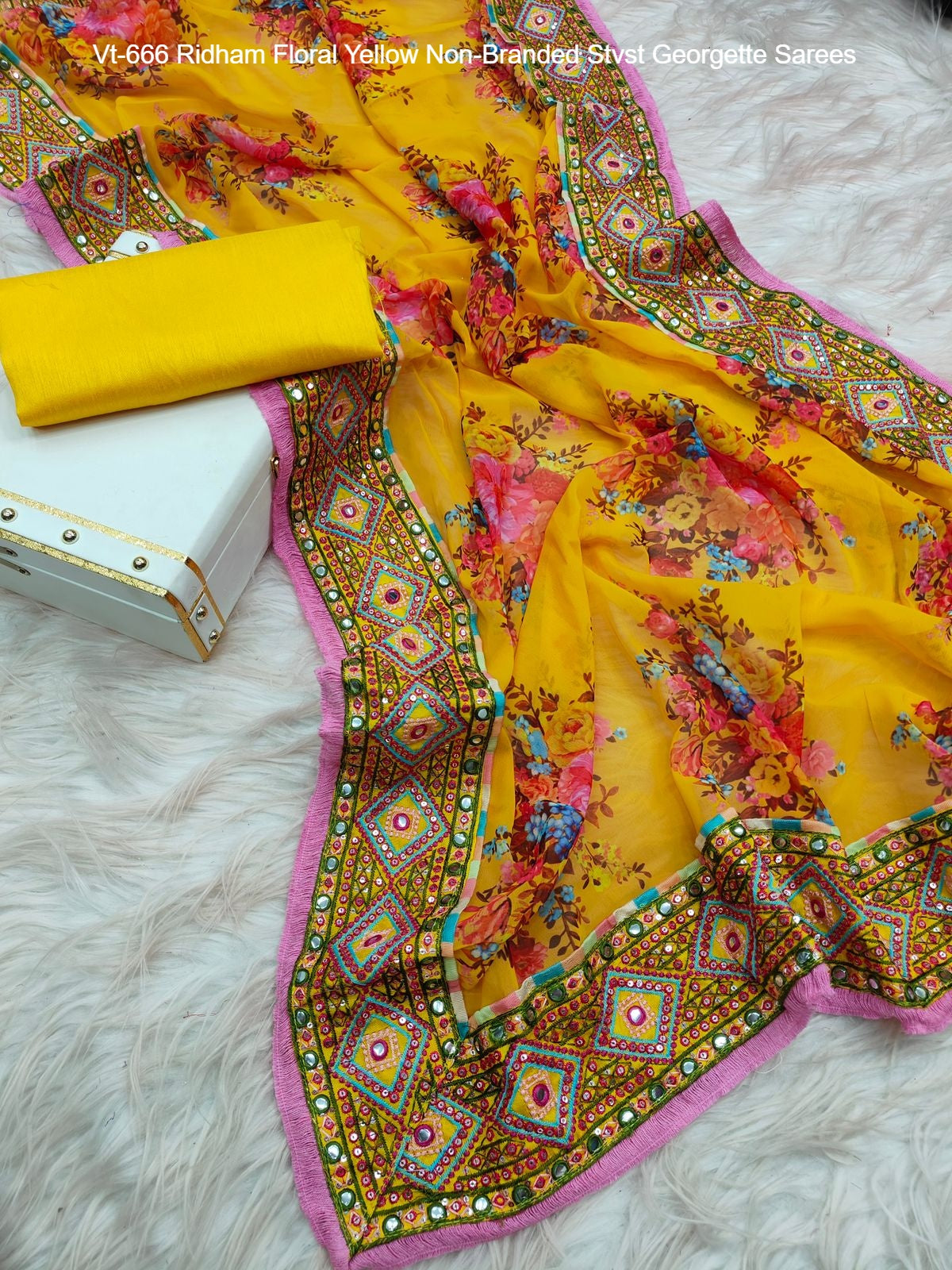 Vt-666 Ridham Floral Yellow Non-Branded Stvst Georgette Sarees