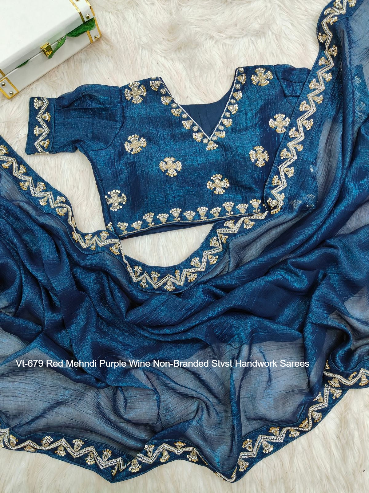 Vt-679 Red Mehndi Purple Wine Non-Branded Stvst Handwork Sarees
