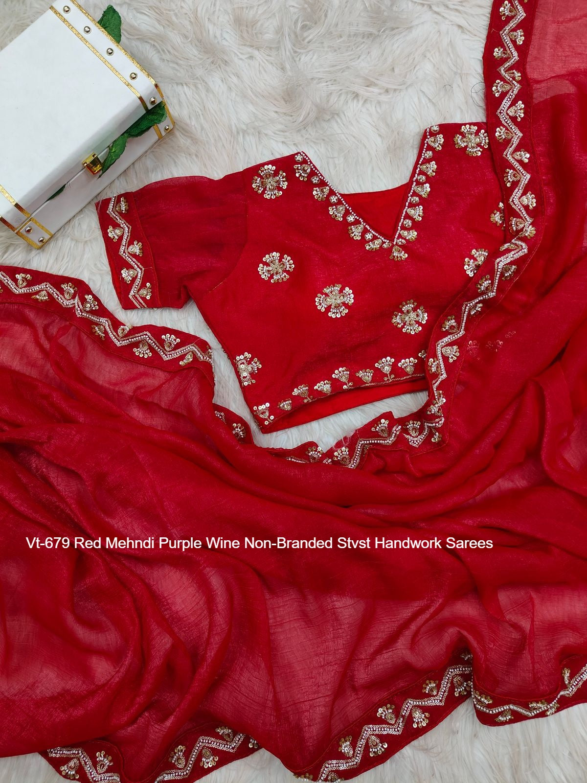 Vt-679 Red Mehndi Purple Wine Non-Branded Stvst Handwork Sarees